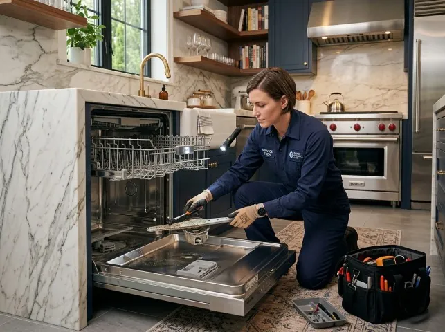 Appliance Repair Hero technician servicing a built-in dishwasher in a Bainbridge Island, WA kitchen