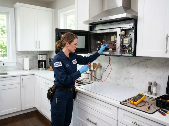 Appliance Repair Hero technician testing an over-the-range microwave in a Bainbridge Island, WA kitchen