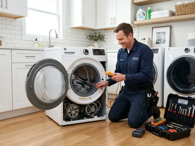 Appliance Repair Hero technician testing a front-load washer with a multimeter on a Bainbridge Island, WA service call